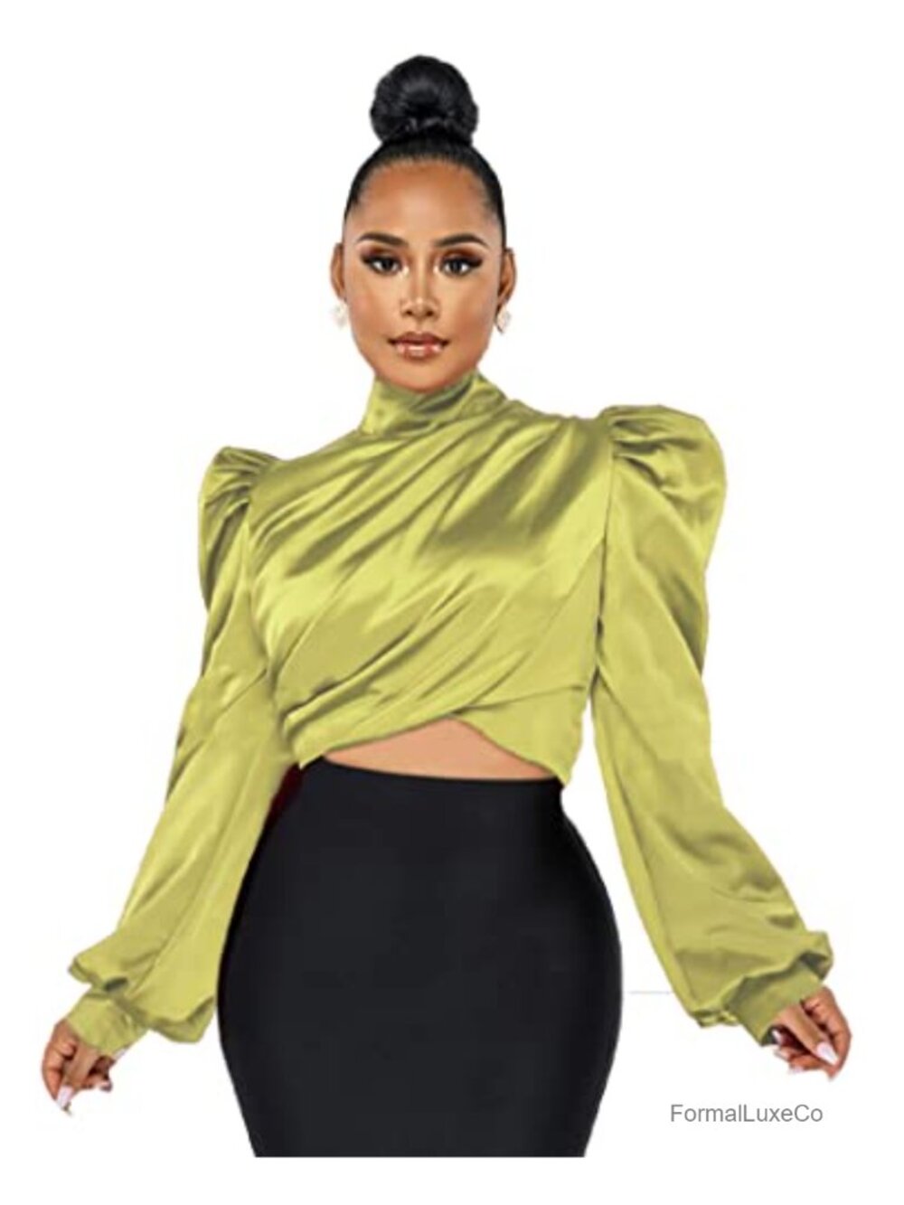 Womens Satin Silk Blouse Puff Sleeve Mock Neck Ruched Zip Back Office Top